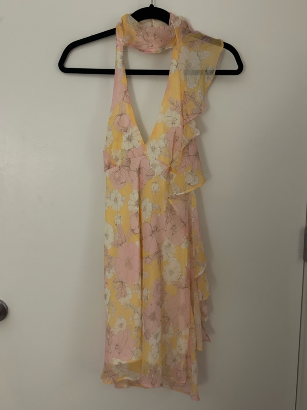 Sincerely Jules Yellow and Pink Floral High Neck Halter Mini Dress